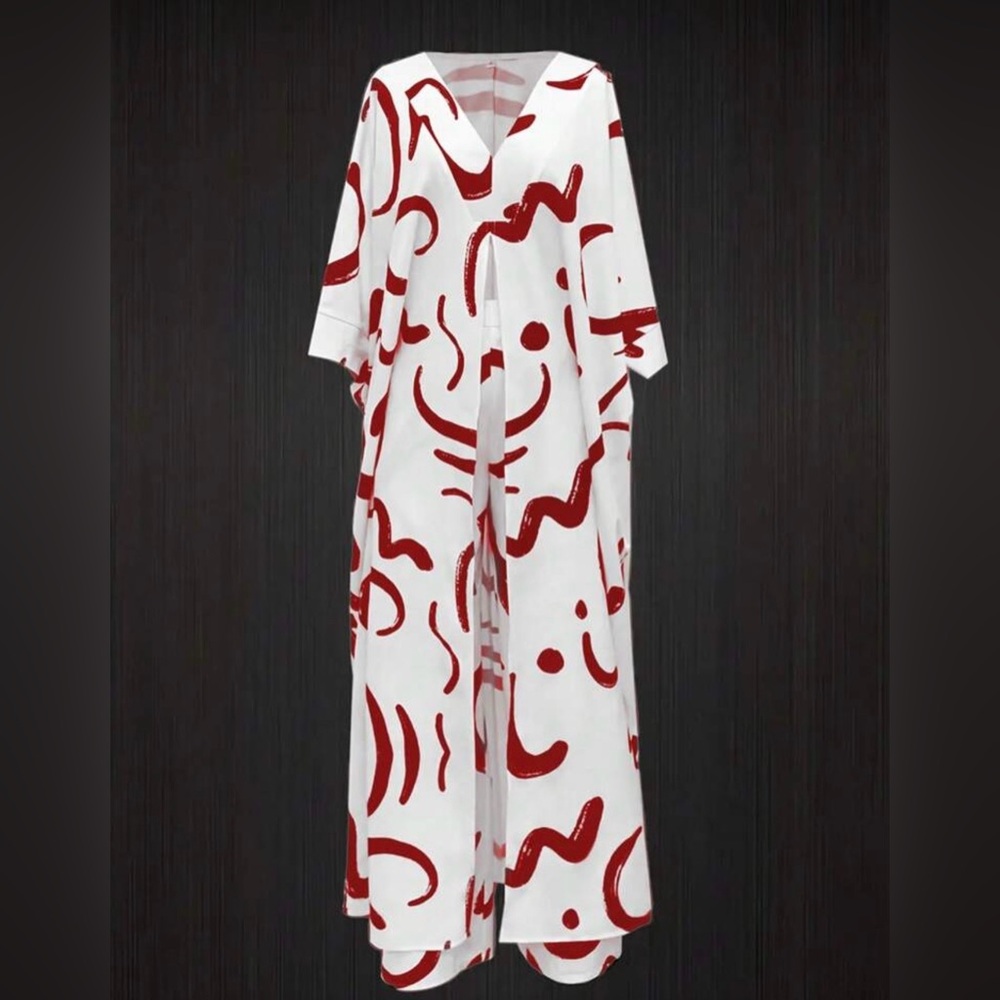 Chic Red and White Abstract 2PC Pantsuit